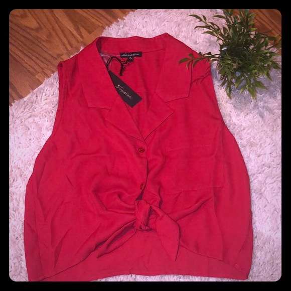 90’s Inspired Red Cropped Tie Front Blouse - Picture 4 of 5